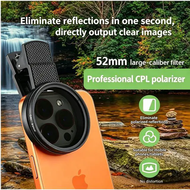 Alt view image 2 of 7 - New CPL Phone Camera Filter Kit with Polarization, Universal Clip-On to Eliminate Glare & Boost Colors for iPhone 17 16 15 14 13 12 11 and Other Smart Phones Photography (52mm)