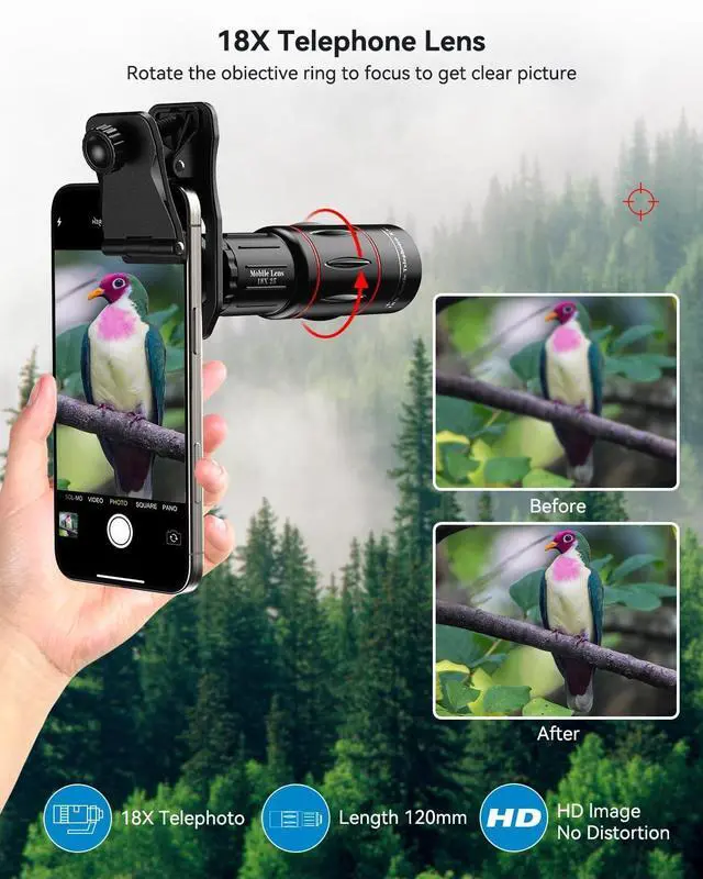 Alt view image 4 of 7 - 18X Telephoto Lens, Hight Power Telephoto Phone Lens with Tripod, Mobile Cell Lens Attachment for Android & iPhone, Samsung and Most Smartphone