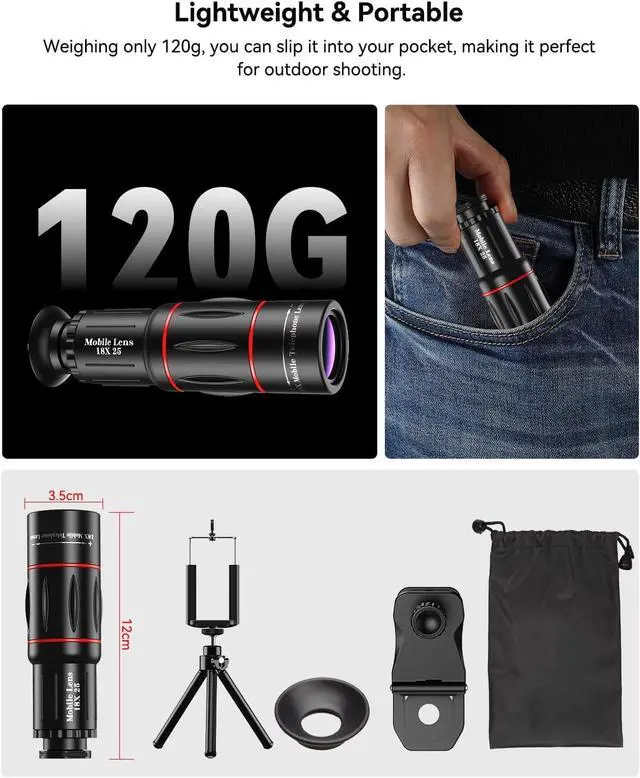 Alt view image 7 of 7 - 18X Telephoto Lens, Hight Power Telephoto Phone Lens with Tripod, Mobile Cell Lens Attachment for Android & iPhone, Samsung and Most Smartphone