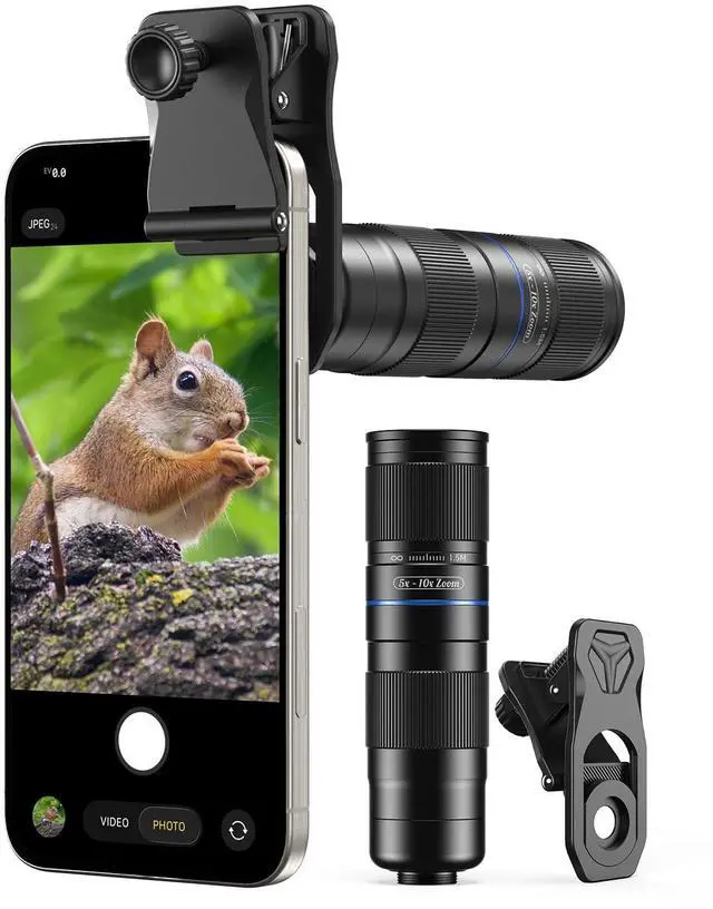 Main image of 5-10X TeleZoom Lens for Smartphones Aerospace Aluminum Build with Universal Clip for iPhone 17/16/15/14/13 Series (Excluding Air), Samsung, Google, Android Travel Zoom Kit