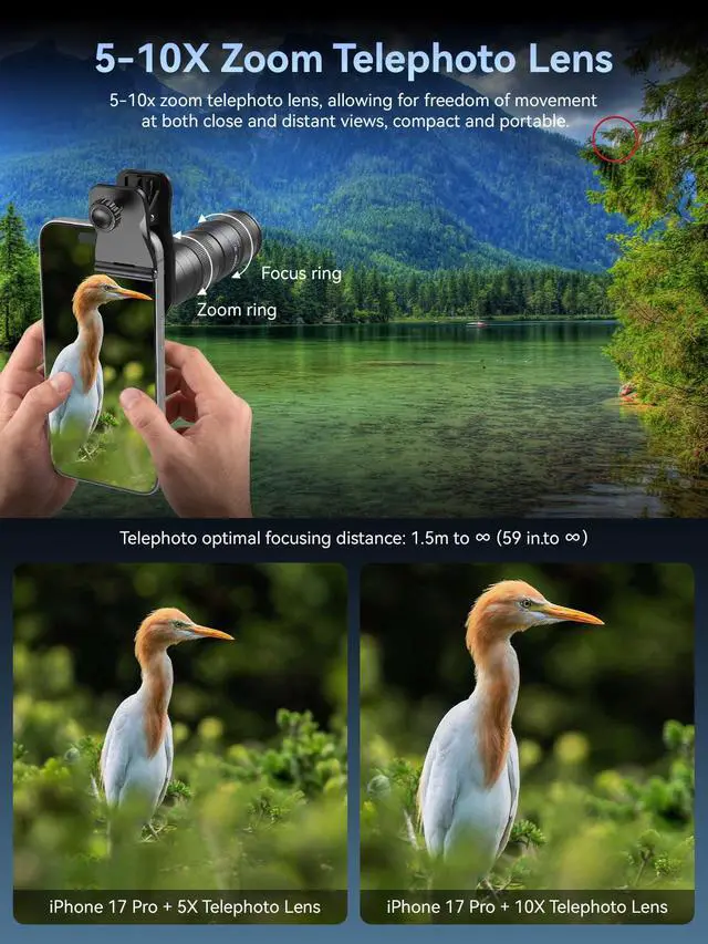 Alt view image 3 of 7 - 5-10X TeleZoom Lens for Smartphones Aerospace Aluminum Build with Universal Clip for iPhone 17/16/15/14/13 Series (Excluding Air), Samsung, Google, Android Travel Zoom Kit