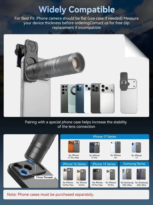 Alt view image 7 of 7 - 5-10X TeleZoom Lens for Smartphones Aerospace Aluminum Build with Universal Clip for iPhone 17/16/15/14/13 Series (Excluding Air), Samsung, Google, Android Travel Zoom Kit