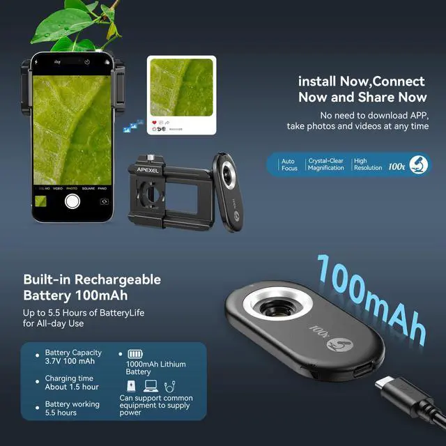 Alt view image 6 of 7 - Phone Microscope Lens, PhoneMicro 5 Series 100X Phone Micro Lens for Android/iPhone With LED Light/CPL/Universal Clip, Mini Pocket Microscope, Smartphone Camera Attachment for iPhone & Android.