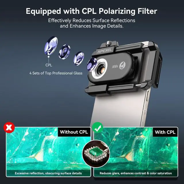 Alt view image 3 of 7 - Phone Microscope Lens, PhoneMicro 5 Series 100X Phone Micro Lens for Android/iPhone With LED Light/CPL/Universal Clip, Mini Pocket Microscope, Smartphone Camera Attachment for iPhone & Android.