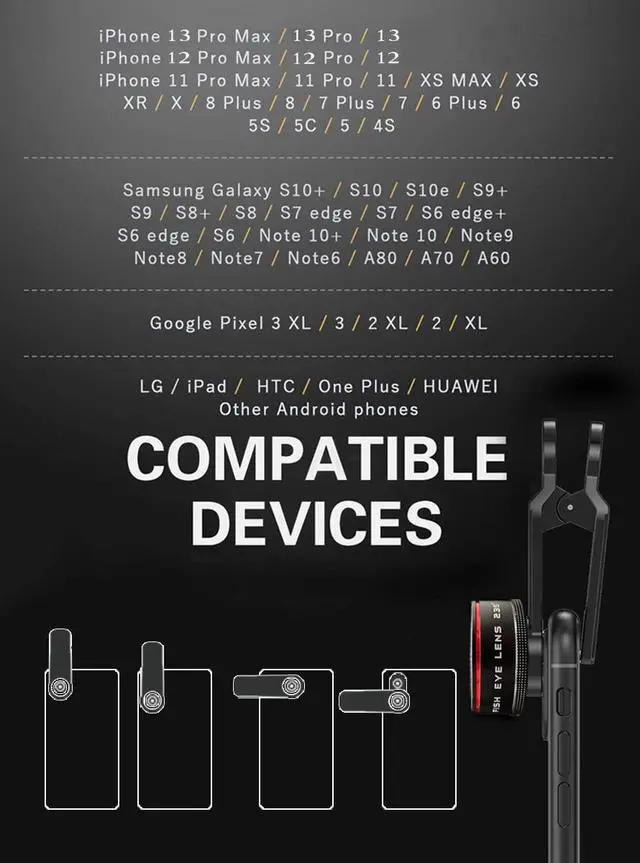 Alt view image 6 of 7 - Phone Camera Lens, Clip on Cell HD Phone Fisheye Lens kit, 235° Fisheye Lens for Most iPhone Android Samsung Phones and Smartphones