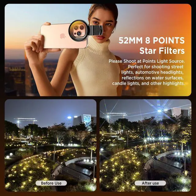 Alt view image 2 of 6 - 8 Points Star Filter,52mm Rotatable Star Lens for iPhone 16/15/14/13 Pro Max Moto Google Samsung TCL Phone, Cross-Screen Sparkle Effect Starburst Filter with Clip,Nightscape