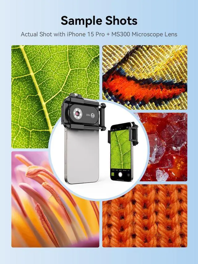 Alt view image 2 of 7 - 300X Phone Microscope Lens, Phone Camera Micro Lens with Universal Clip/LED Light/CPL, Mini Pocket Microscope Attachment Fit for iPhone 16/15/14/13, and Most Smartphone