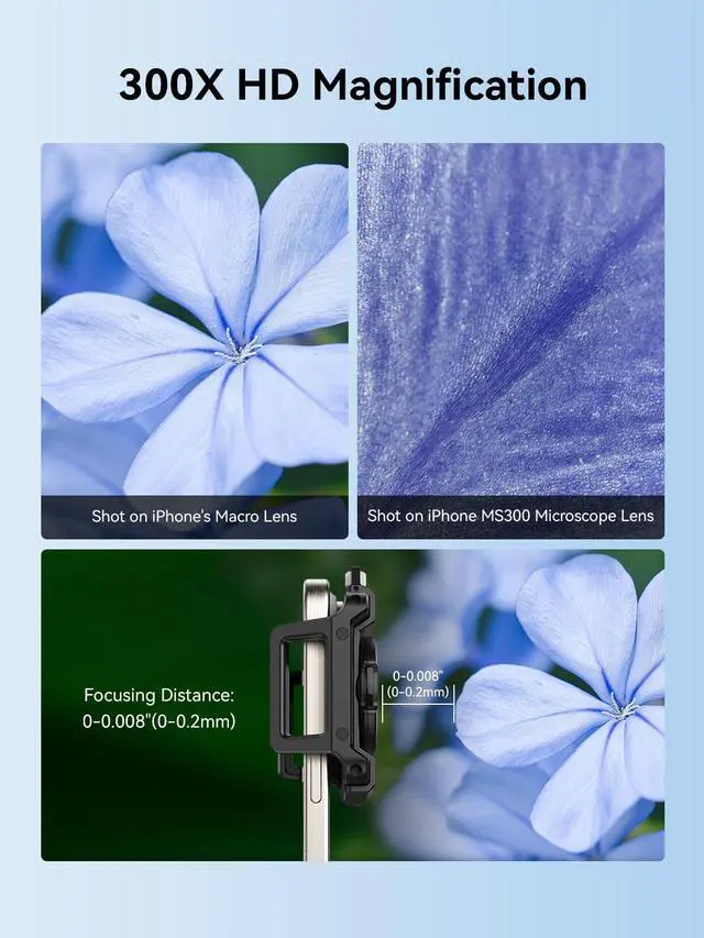 Alt view image 3 of 7 - 300X Phone Microscope Lens, Phone Camera Micro Lens with Universal Clip/LED Light/CPL, Mini Pocket Microscope Attachment Fit for iPhone 16/15/14/13, and Most Smartphone