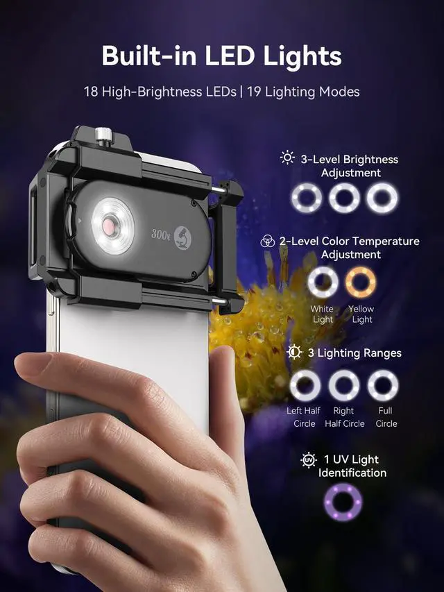 Alt view image 5 of 7 - 300X Phone Microscope Lens, Phone Camera Micro Lens with Universal Clip/LED Light/CPL, Mini Pocket Microscope Attachment Fit for iPhone 16/15/14/13, and Most Smartphone