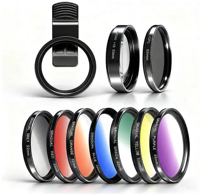 Main image of 10 in 1 Phone Camera Lens Kit, 52mm Clip-on Glass CPL Polarizing Lens for iPhone with 10 x Macro Lens, 7 Color Lens Filters and CPL Filter
