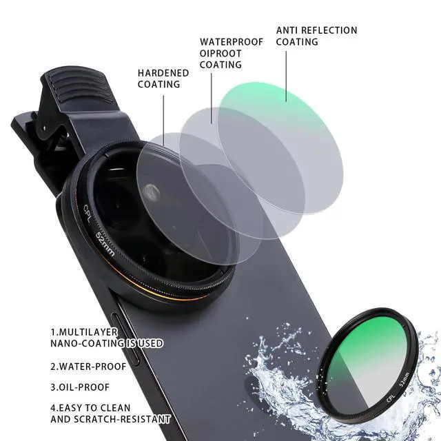 Alt view image 3 of 7 - 52MM Circular Polarizer Filter, Ultra Slim Multi-Coated CPL Lens Filter, Clip-on Phone Camera Filter Kit, Compatible for iPhone 15 14 13 12 11,Motorola, Google Pixel and Other Smart Phones