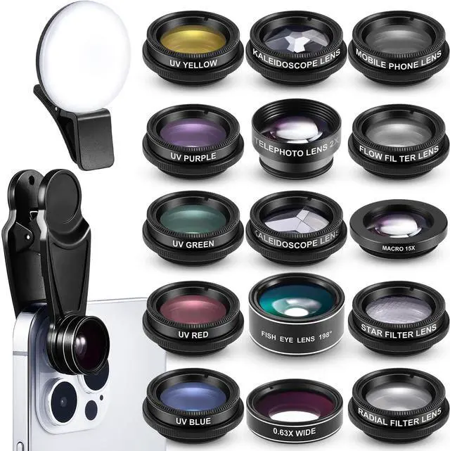 Main image of 16 Pcs Phone Camera Lens Kit 16 in 1 with Selfie Light Universal Clip on Cell Phone 198 Degree Fisheye Wide Angle Macro Kaleidoscope CPL Lens Attachments Compatible with Most Phones