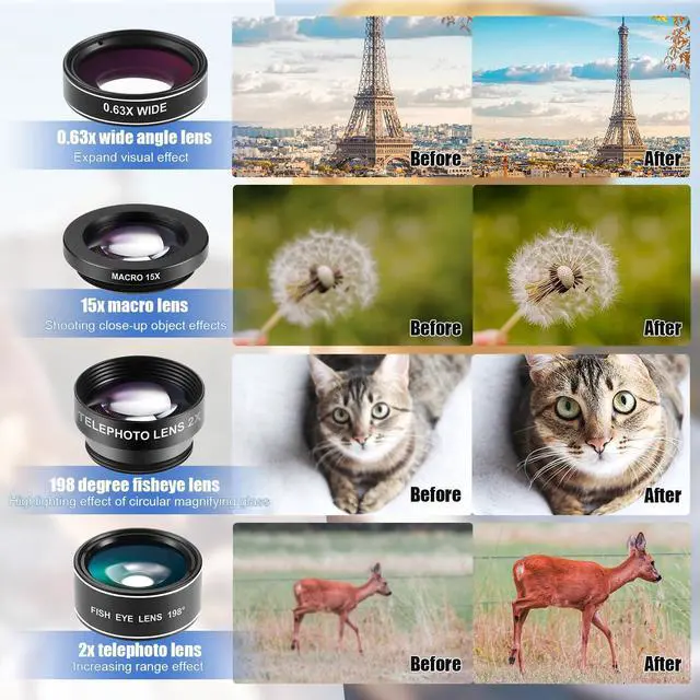 Alt view image 4 of 6 - 16 Pcs Phone Camera Lens Kit 16 in 1 with Selfie Light Universal Clip on Cell Phone 198 Degree Fisheye Wide Angle Macro Kaleidoscope CPL Lens Attachments Compatible with Most Phones