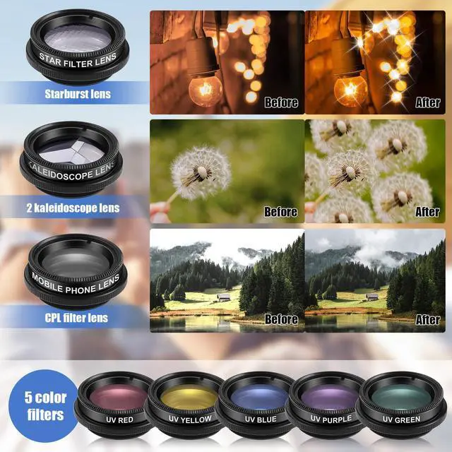 Alt view image 5 of 6 - 16 Pcs Phone Camera Lens Kit 16 in 1 with Selfie Light Universal Clip on Cell Phone 198 Degree Fisheye Wide Angle Macro Kaleidoscope CPL Lens Attachments Compatible with Most Phones