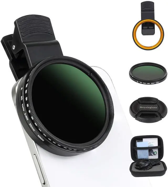 Main image of 52MM Variable ND2-ND400 Filter, Ultra Slim Multi-Coated Adjustable Neutral Density Filter, Clip-on Phone Lens ND Filter Kit, Compatible for iPhone 15 14 13 12 11, Google Pixel and Other Smart Phones