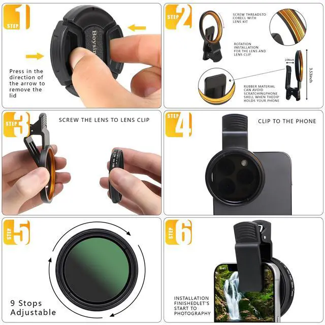 Alt view image 5 of 7 - 52MM Variable ND2-ND400 Filter, Ultra Slim Multi-Coated Adjustable Neutral Density Filter, Clip-on Phone Lens ND Filter Kit, Compatible for iPhone 15 14 13 12 11, Google Pixel and Other Smart Phones