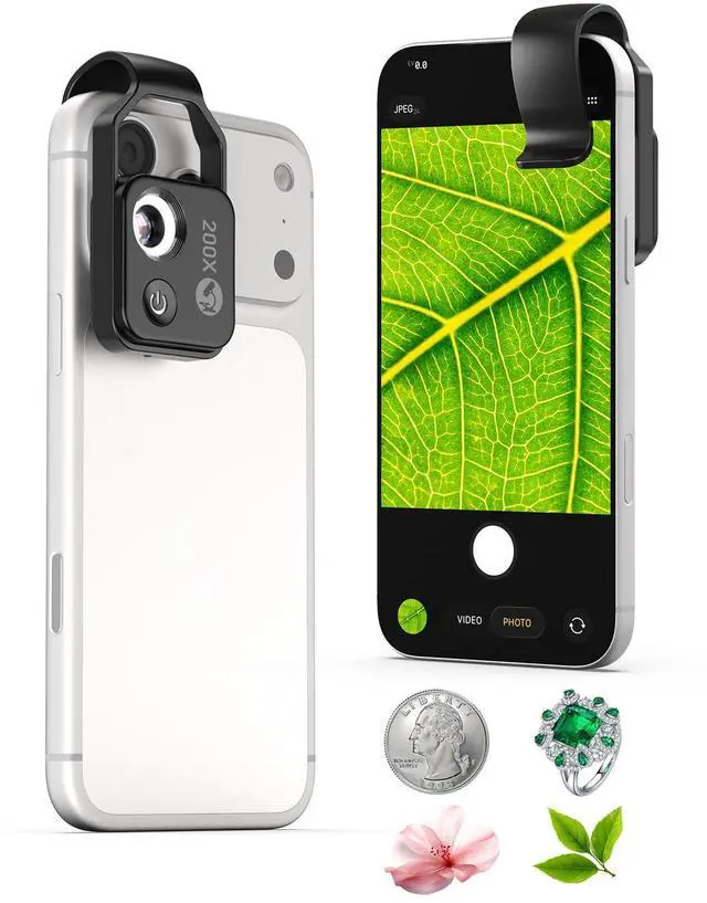 Main image of Phone Microscope 200X with LED Light & CPL Filter, Pocket Microscope Camera Attachment for iPhone & Android, No App Needed, STEM Science Gift for Kids, Coin, Jewelry, Plants, Small Objects Inspection