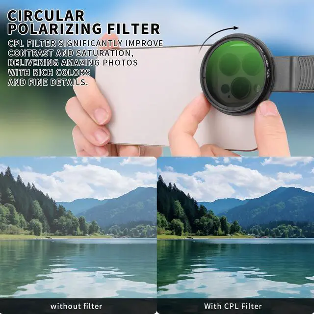 Alt view image 2 of 7 - 52MM CPL Filter for Phone, Clip-on Circular Polarizing Lens, HD Multi-Coated Optical Glass, Camera Lens Filter Kit Compatible with iPhone 16 15 14, Samsung, Google Pixel and Other Smart Phones