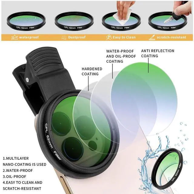 Alt view image 3 of 7 - 52MM CPL Filter for Phone, Clip-on Circular Polarizing Lens, HD Multi-Coated Optical Glass, Camera Lens Filter Kit Compatible with iPhone 16 15 14, Samsung, Google Pixel and Other Smart Phones