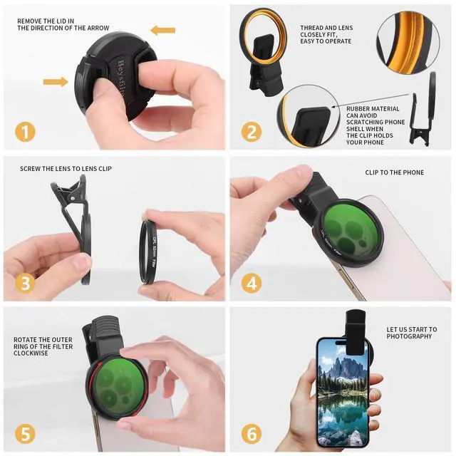 Alt view image 5 of 7 - 52MM CPL Filter for Phone, Clip-on Circular Polarizing Lens, HD Multi-Coated Optical Glass, Camera Lens Filter Kit Compatible with iPhone 16 15 14, Samsung, Google Pixel and Other Smart Phones