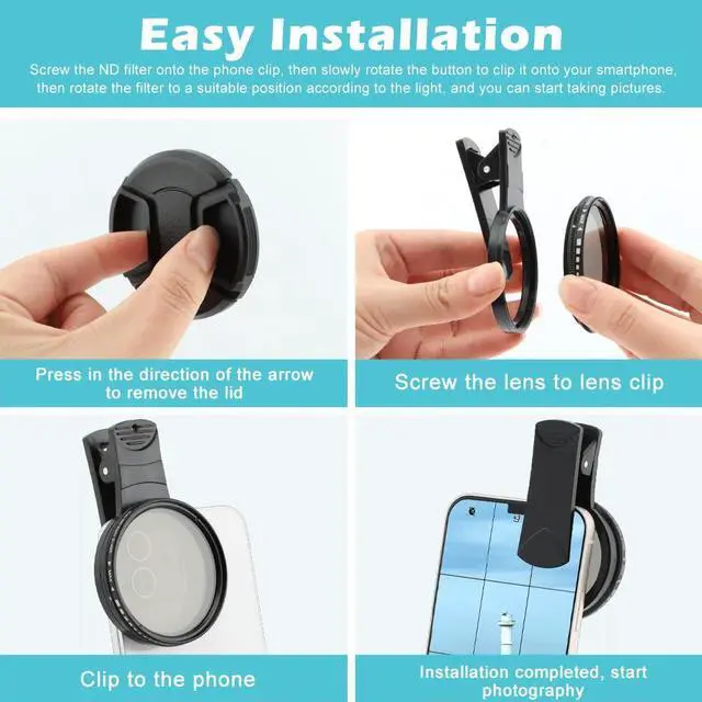 Alt view image 7 of 7 - 52MM Variable ND2-ND400 Filter, Clip-on Phone Lens ND Filter Kit Multi-Coated Adjustable Neutral Density Filter Compatible with iPhoneSamsung/Android Smartphones(Color:Black)