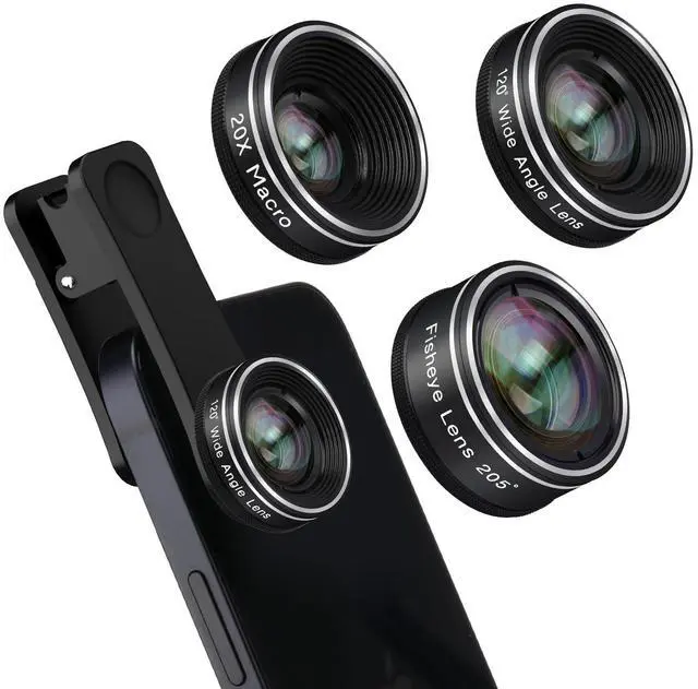 Main image of Phone Camera Lens, 3 in 1 Phone Lens kit-205° Fisheye Lens + Macro Lens + 120° Wide Angle Lens,Clip on Cell Phone Camera Lens Kits Compatible with iPhone,Most Smartphones