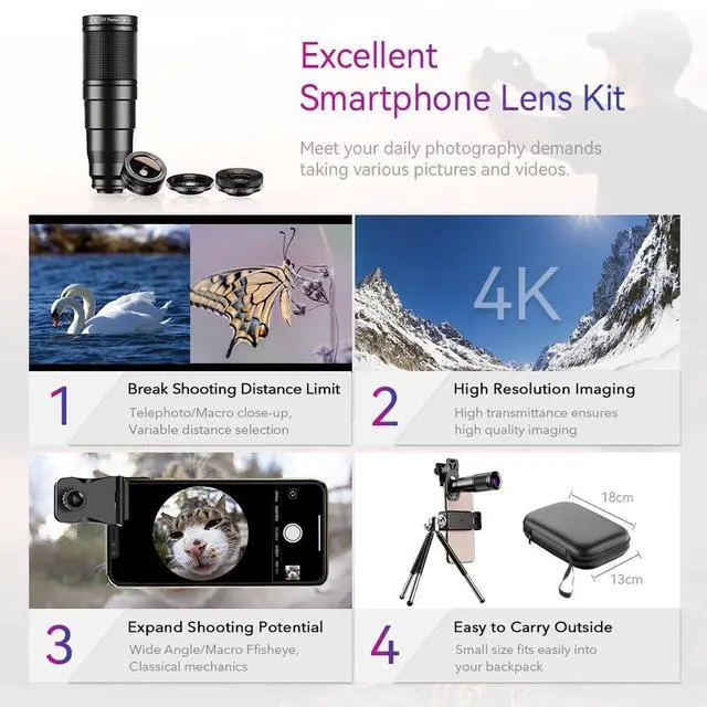 Alt view image 7 of 7 - 6 in 1 Phone Lens Kit - 22x Telephoto Lens, 205° Fisheye Lens, 120° Wide Angle Lens & 25X Macro Lens(Screwed Together), Compatible with iPhone,Samsung,Pixel