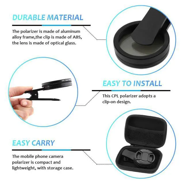 Alt view image 3 of 7 - 52mm Polari/zed Camera Lens Phone Universal CPL Filter Clip Kit, Portable Phone Polarizing Lens Filter for Cell Phones Camera Assistant Len and Effects Filters(Black)