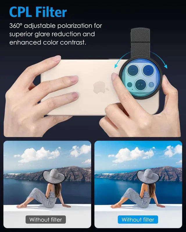 Alt view image 2 of 7 - 52MM Clip-on CPL Phone Camera Lens Filter, Circular Polarizer Filter, Phone Lens Filter Kit Compatible with iPhone 17 16 15 14 13 12, Google Pixel and Other Android Smart Phones