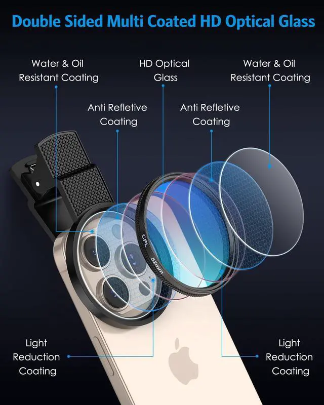 Alt view image 3 of 7 - 52MM Clip-on CPL Phone Camera Lens Filter, Circular Polarizer Filter, Phone Lens Filter Kit Compatible with iPhone 17 16 15 14 13 12, Google Pixel and Other Android Smart Phones