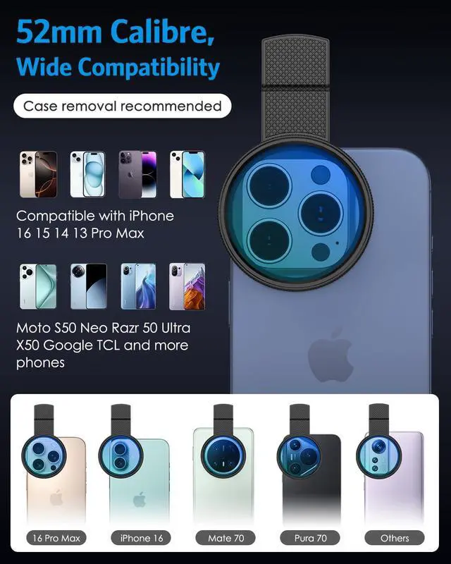 Alt view image 6 of 7 - 52MM Clip-on CPL Phone Camera Lens Filter, Circular Polarizer Filter, Phone Lens Filter Kit Compatible with iPhone 17 16 15 14 13 12, Google Pixel and Other Android Smart Phones