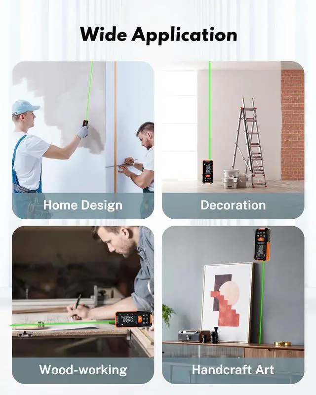 Alt view image 2 of 6 - Laser Measuring Tool, Green-Beam Laser Measure 328FT/100m Digital Distance Meter, Electronic Level, Backlit LCD, M/in/Ft Units, Measures Distance/Area/Volume & Pythagorean, for Construction&Home