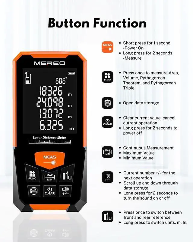 Alt view image 4 of 6 - Laser Measuring Tool, Green-Beam Laser Measure 328FT/100m Digital Distance Meter, Electronic Level, Backlit LCD, M/in/Ft Units, Measures Distance/Area/Volume & Pythagorean, for Construction&Home