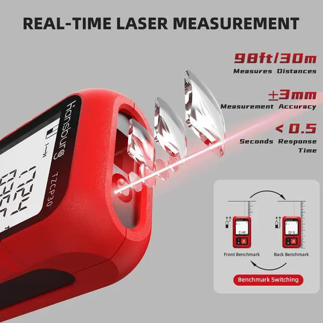 Alt view image 3 of 7 - Laser Measurement Tool 98 Ft / 30m 8-in-1 Modes Digital Laser Tape Measure Portable Chargeable Medidor Laser for Length, Area, Wall Area, Volume and 4 Pythagorean Modes with IP65 Waterproof