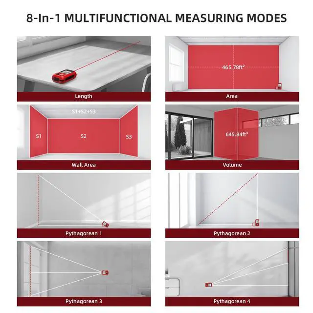 Alt view image 4 of 7 - Laser Measurement Tool 98 Ft / 30m 8-in-1 Modes Digital Laser Tape Measure Portable Chargeable Medidor Laser for Length, Area, Wall Area, Volume and 4 Pythagorean Modes with IP65 Waterproof