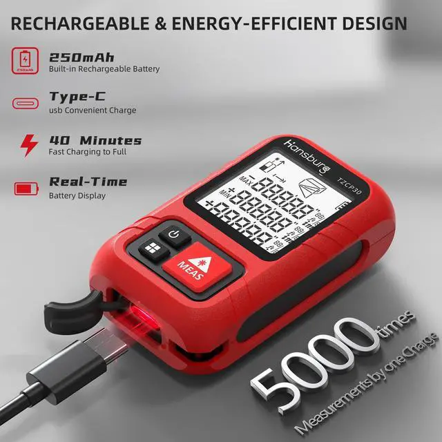 Alt view image 5 of 7 - Laser Measurement Tool 98 Ft / 30m 8-in-1 Modes Digital Laser Tape Measure Portable Chargeable Medidor Laser for Length, Area, Wall Area, Volume and 4 Pythagorean Modes with IP65 Waterproof