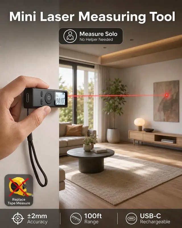 Alt view image 2 of 7 - Ray, Mini Laser Measuring Tool, 2.7in 1oz Pocket Size Keychain Laser Tape Measure, Great Gift, ±2mm 100ft Digital Tape Measure, in/FT/M, No App, Metal Body, Backlit Display, USB-C Rechargeable