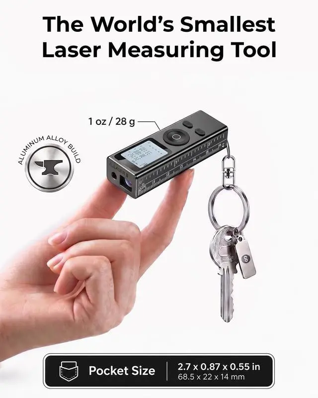 Alt view image 3 of 7 - Ray, Mini Laser Measuring Tool, 2.7in 1oz Pocket Size Keychain Laser Tape Measure, Great Gift, ±2mm 100ft Digital Tape Measure, in/FT/M, No App, Metal Body, Backlit Display, USB-C Rechargeable