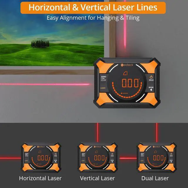 Alt view image 3 of 7 - Digital Angle Finder with Dual Laser (Class 2 Laser, 1mW Power Output) 4x90/2x180°Angle Gauge with LED Display and Data Hold USB Charging Level Box with Bottom and Back Strong Magnetic
