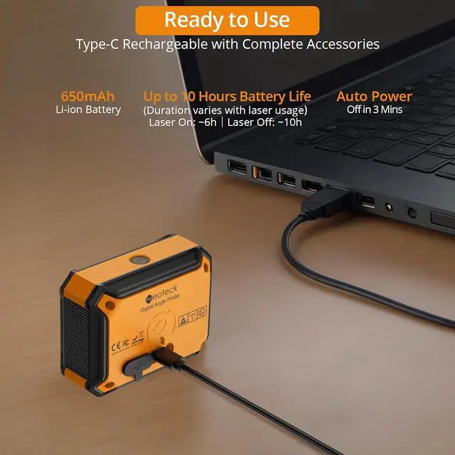 Alt view image 6 of 7 - Digital Angle Finder with Dual Laser (Class 2 Laser, 1mW Power Output) 4x90/2x180°Angle Gauge with LED Display and Data Hold USB Charging Level Box with Bottom and Back Strong Magnetic