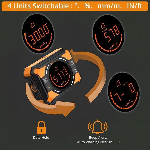 Alt view image 4 of 7 - Digital Angle Finder with Dual Laser (Class 2 Laser, 1mW Power Output) 4x90/2x180°Angle Gauge with LED Display and Data Hold USB Charging Level Box with Bottom and Back Strong Magnetic