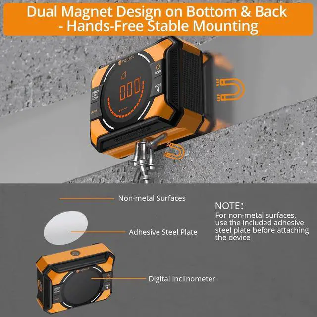 Alt view image 5 of 7 - Digital Angle Finder with Dual Laser (Class 2 Laser, 1mW Power Output) 4x90/2x180°Angle Gauge with LED Display and Data Hold USB Charging Level Box with Bottom and Back Strong Magnetic