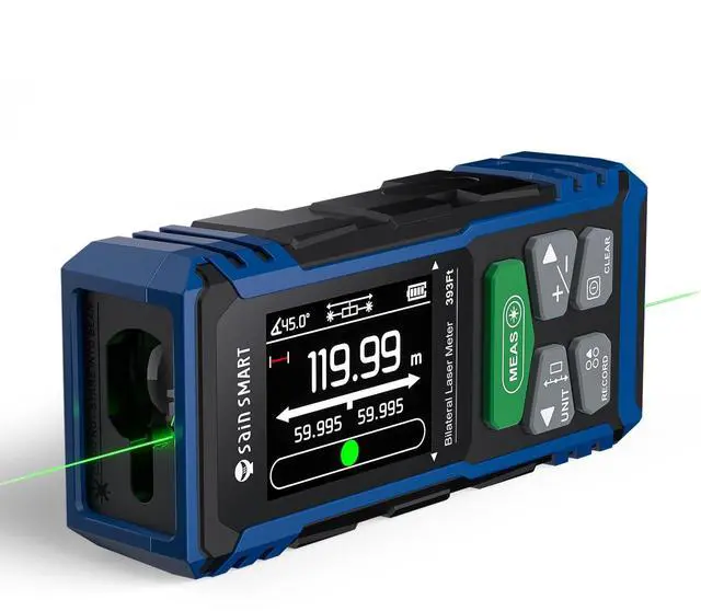 Main image of Dual Laser Measuring Tool, 393Ft Green Bilateral Distance Meter with Backlit LCD, Rechargeable, Multi-Unit, Electronic Level, Length/Area/Volume/Angle Sensor/PC Data Transfer, Laser Class 2