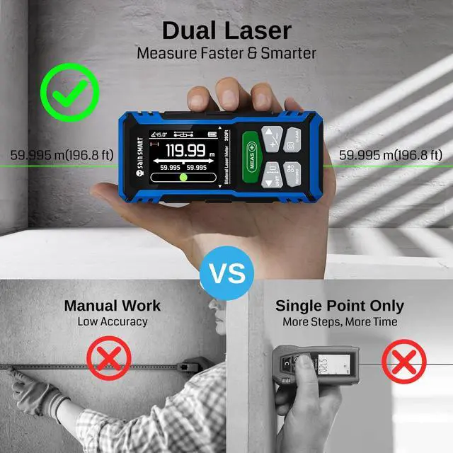 Alt view image 2 of 7 - Dual Laser Measuring Tool, 393Ft Green Bilateral Distance Meter with Backlit LCD, Rechargeable, Multi-Unit, Electronic Level, Length/Area/Volume/Angle Sensor/PC Data Transfer, Laser Class 2