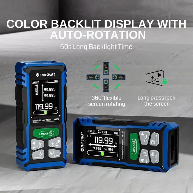 Alt view image 6 of 7 - Dual Laser Measuring Tool, 393Ft Green Bilateral Distance Meter with Backlit LCD, Rechargeable, Multi-Unit, Electronic Level, Length/Area/Volume/Angle Sensor/PC Data Transfer, Laser Class 2