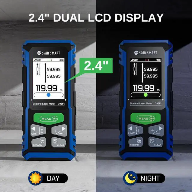Alt view image 5 of 7 - Dual Laser Measuring Tool, 393Ft Green Bilateral Distance Meter with Backlit LCD, Rechargeable, Multi-Unit, Electronic Level, Length/Area/Volume/Angle Sensor/PC Data Transfer, Laser Class 2