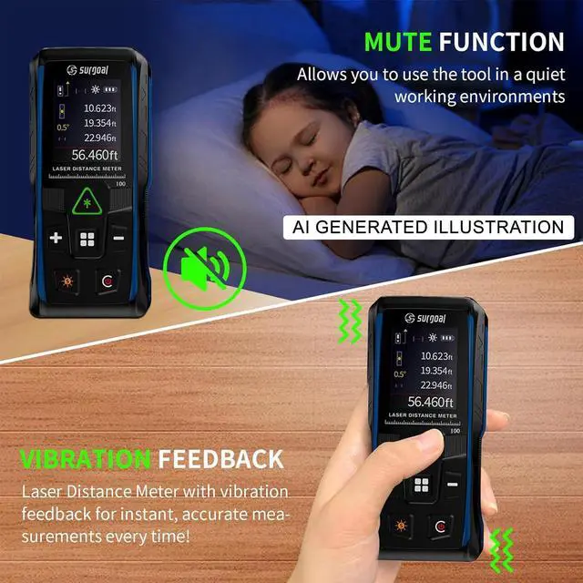 Alt view image 5 of 7 - Green Laser Distance Meter Digital Laser Measure with Angle Sensor, 4-Way Rotating Backlit LCD, Pythagorean Mode, Unit Switch, ±3mm Accuracy, Handheld Measuring Tool 165FT