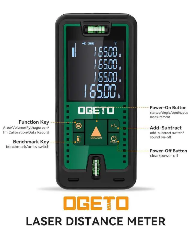 Alt view image 3 of 7 - Laser Measure, 165 Feet Digital Laser Distance Meter with 2 Bubble Levels,M/in/Ft Unit Switching Backlit LCD and Pythagorean Mode, Measure Distance, Area and Volume