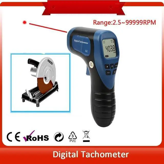 Alt view image 3 of 7 - Handheld Digital Laser Tachometer Non-Contact RPM Meter Motor Speed Gauge Gun Measuring Range: 2.5-99999RPM with 10 Reflective Tapes