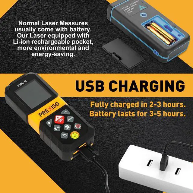 Alt view image 2 of 7 - Laser Measure, 265Ft Rechargeable Laser Distance Meter with Multi-Measurement Units M/in/Ft, Backlit LCD 4 Line Display, and Pythagorean, Distance, Area, Volume Modes